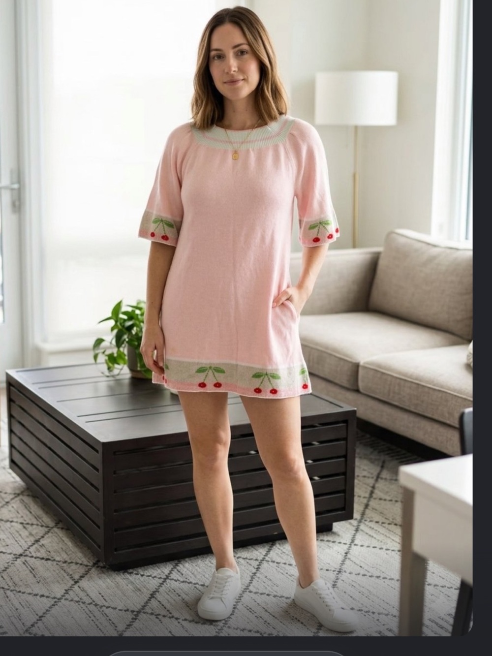 Vintage 1970s Pink Cherry Knit dress small